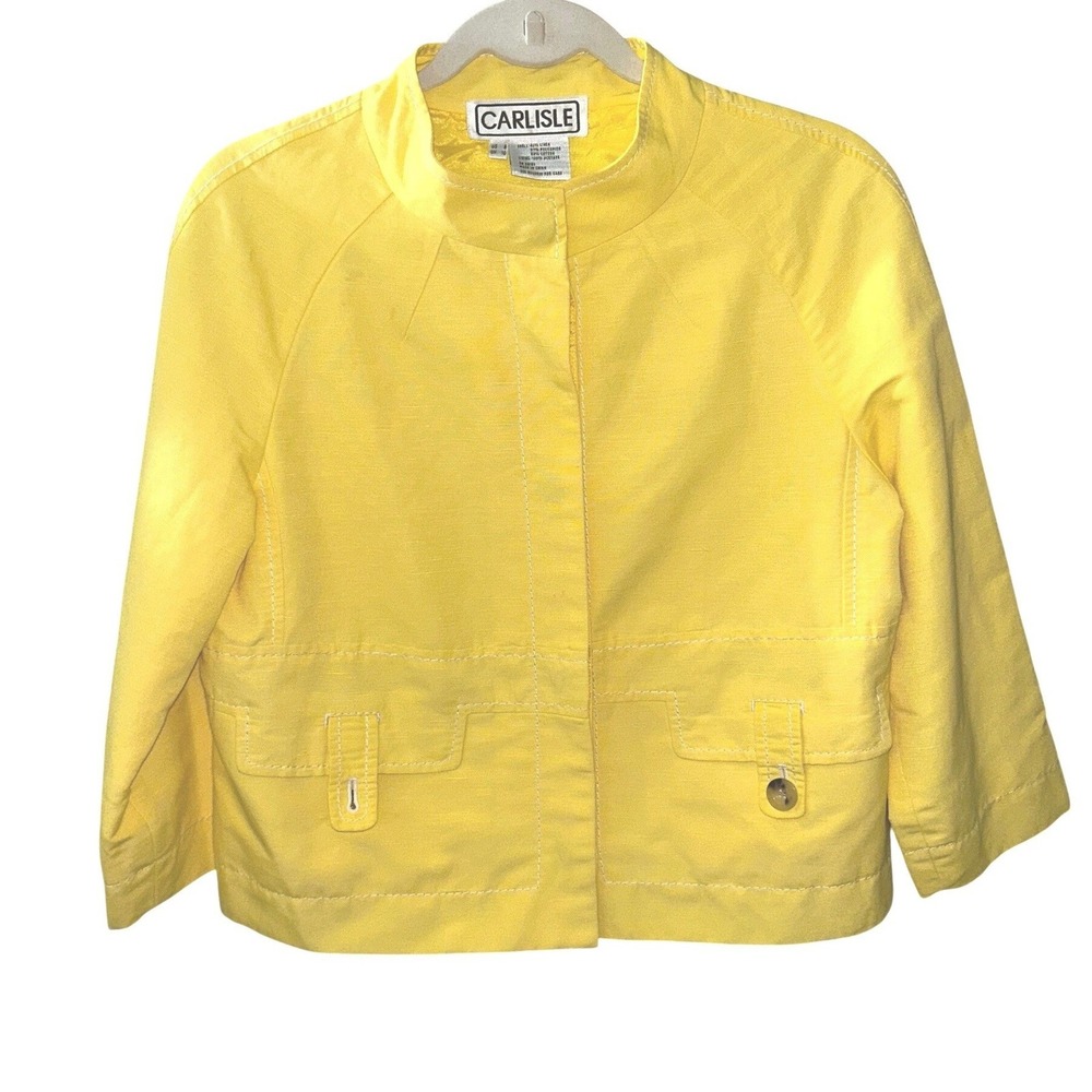 Carlisle Yellow Linen Blend Mock Neck Button Front Jacket Size 8 Topstitch